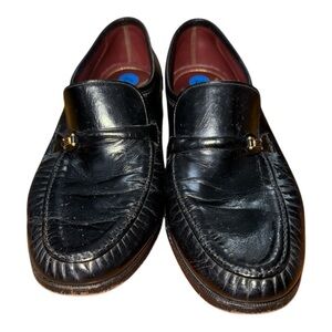 Black Leather Slip-On Loafers with Gold-Toned Bar